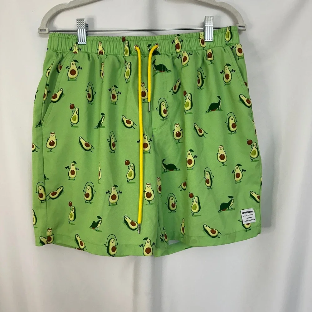 Mosmann Avocado Print Swim Trunks Athletic Gym Shorts‎ Pockets Men's Large